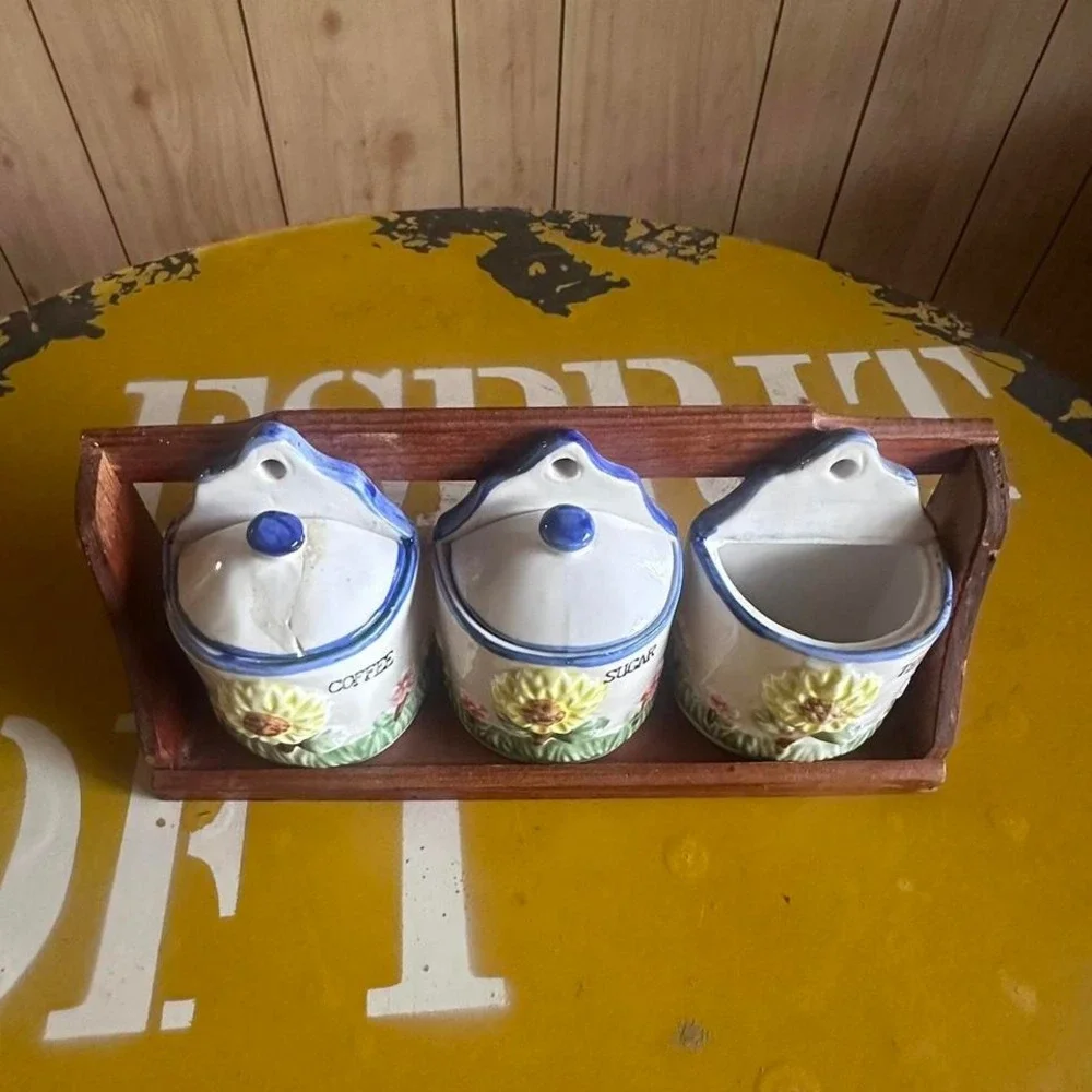 Vintage Ceramic Sunflower‎ Canister Set With Wooden Tray Coffee Tea Sugar